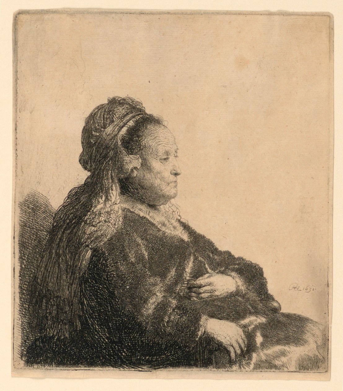 Konstnärens mor sittande, i en orientalisk huvudbonad: halvlängd av Rembrandt van Rijn
