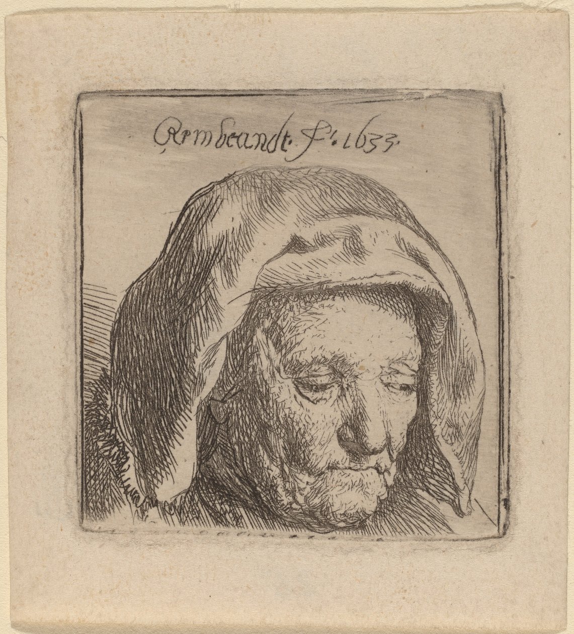 Konstnärens mor i en huvudbonad av tyg, tittar ner av Rembrandt van Rijn