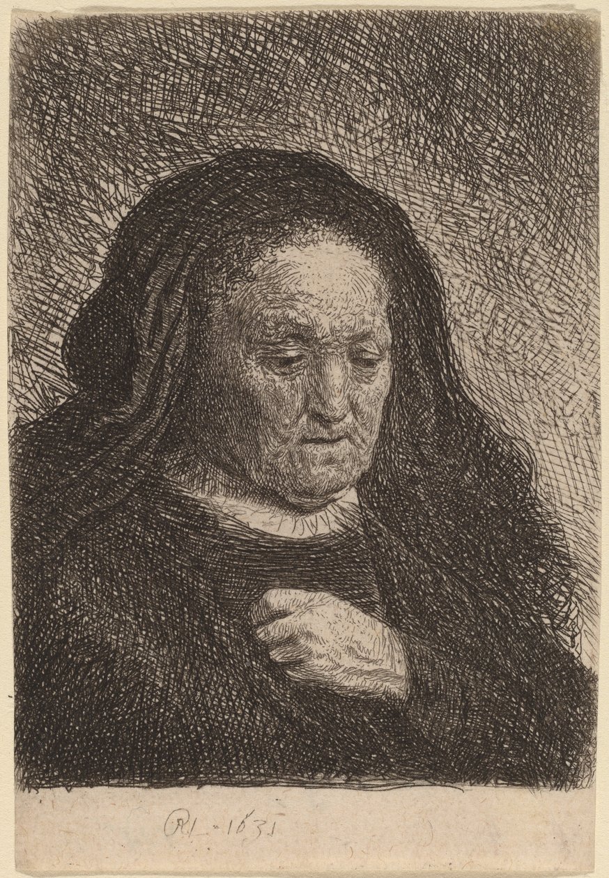 Konstnärens mamma med sin hand på bröstet av Rembrandt van Rijn