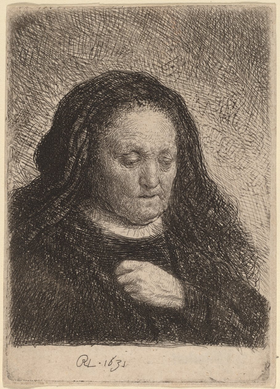 Konstnärens mamma med sin hand på bröstet av Rembrandt van Rijn