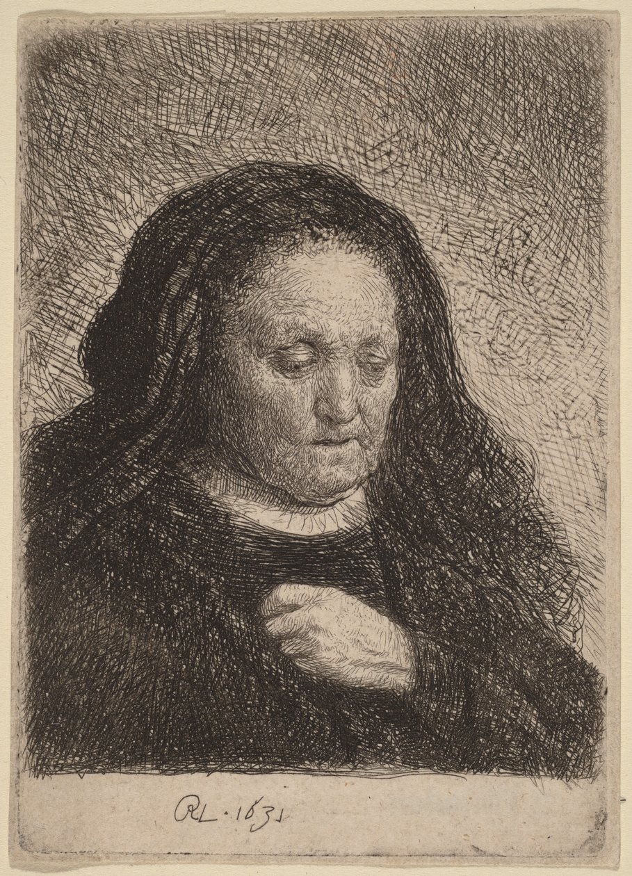 Konstnärens mor med handen på bröstet av Rembrandt van Rijn
