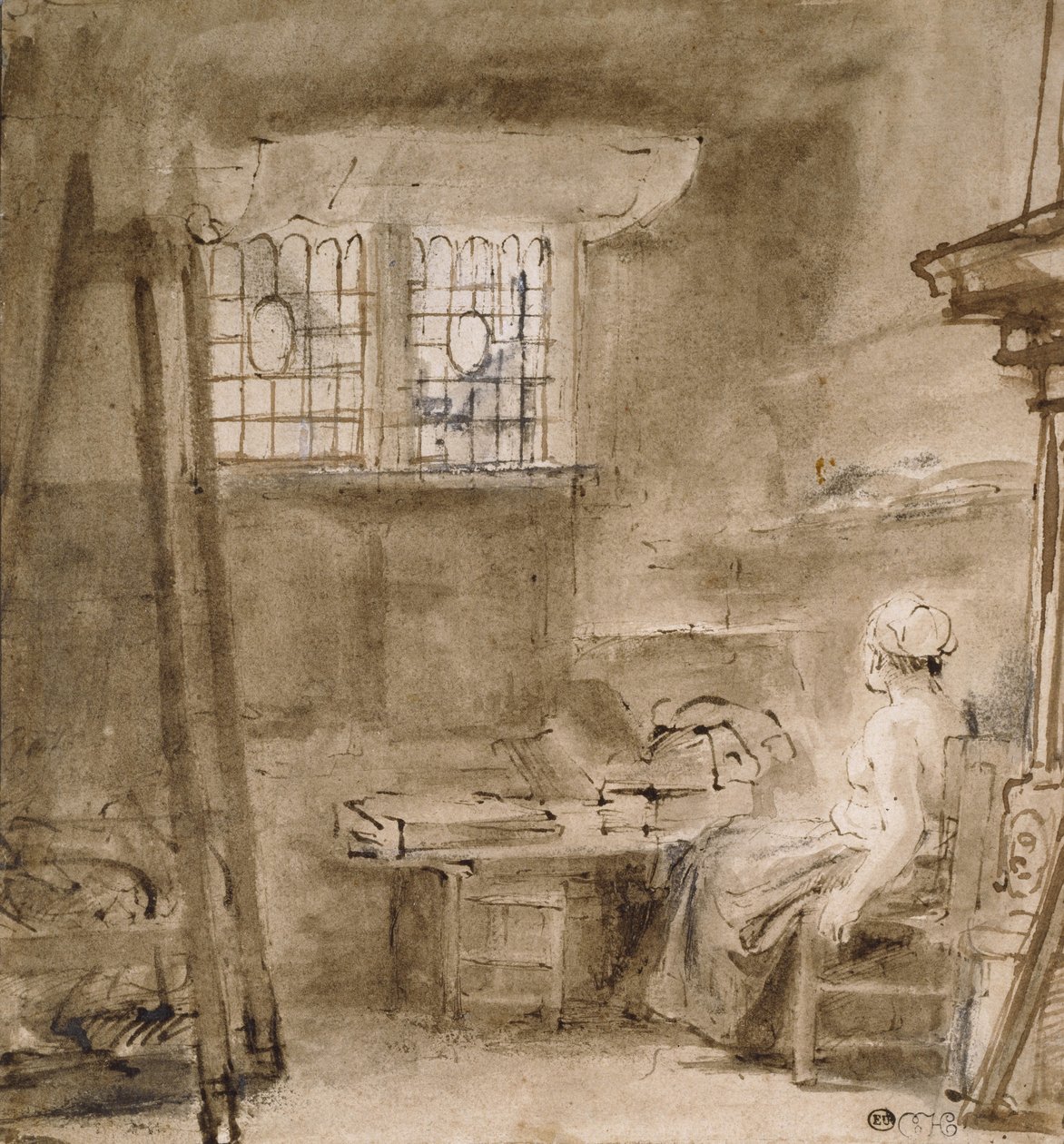 Konstnärens ateljé, 1659 (penna och två nyanser av brunt bläck, gråbrun tvätt, några korrigeringar i vitt) av Rembrandt van Rijn