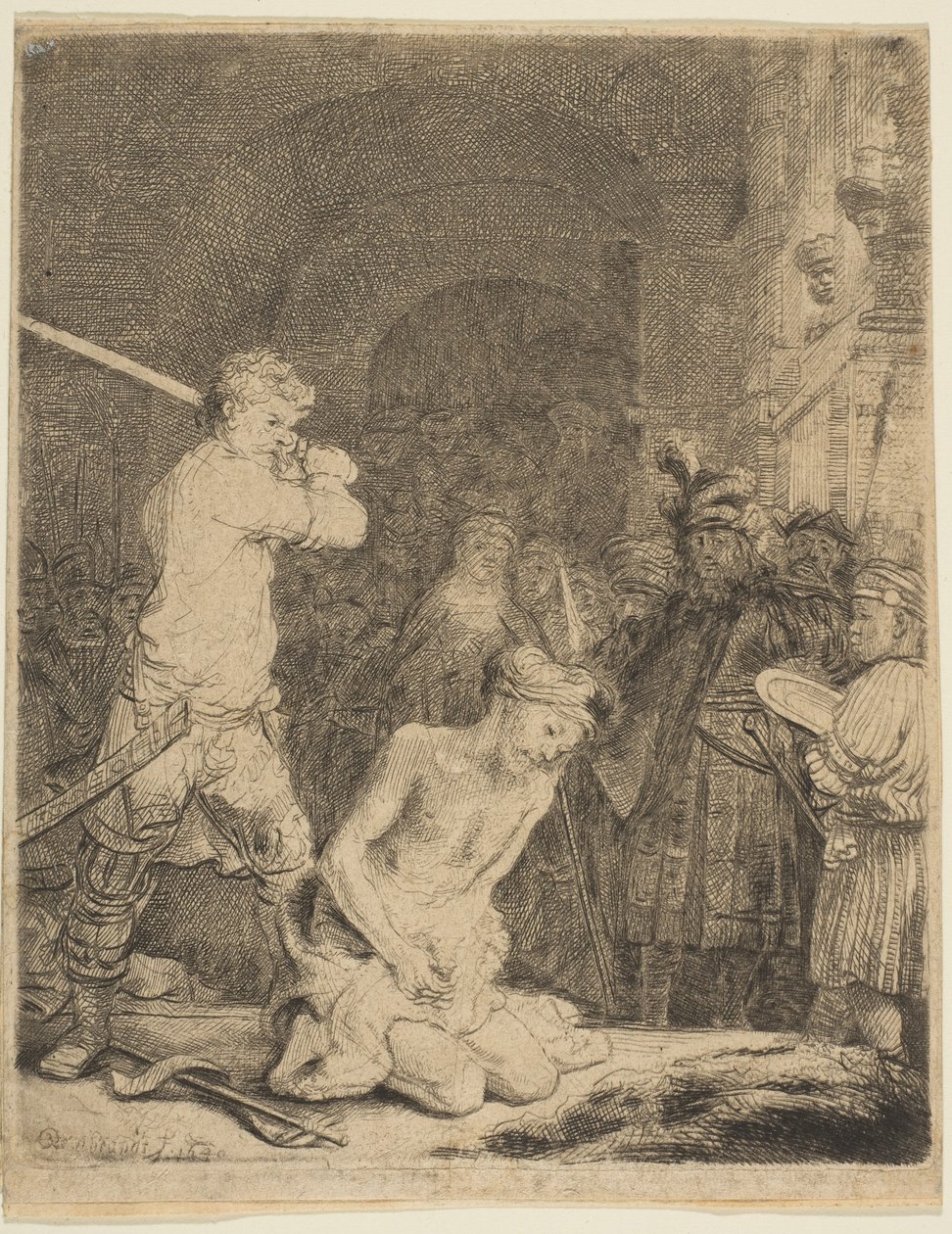 Halshuggningen av Johannes Döparen. av Rembrandt van Rijn