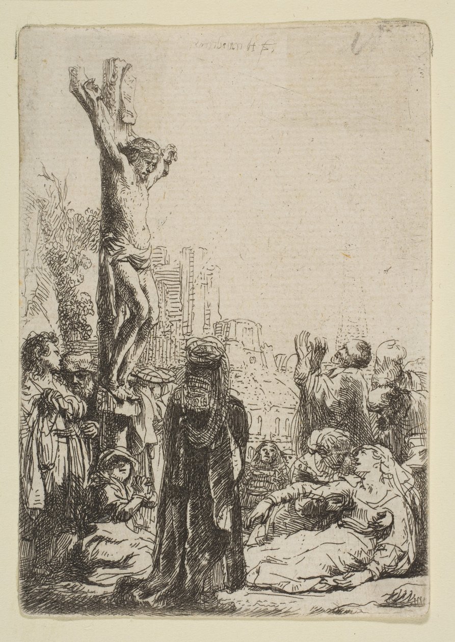 Korsfästelsen: Liten tallrik, ca. 1635. av Rembrandt van Rijn