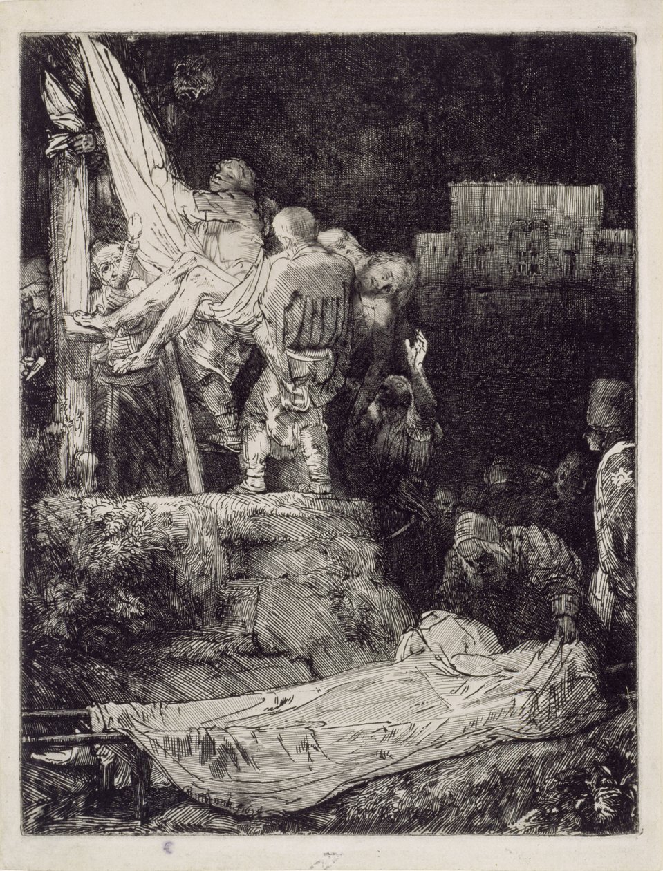 ”Nedtagningen från korset” i fackelljus av Rembrandt van Rijn