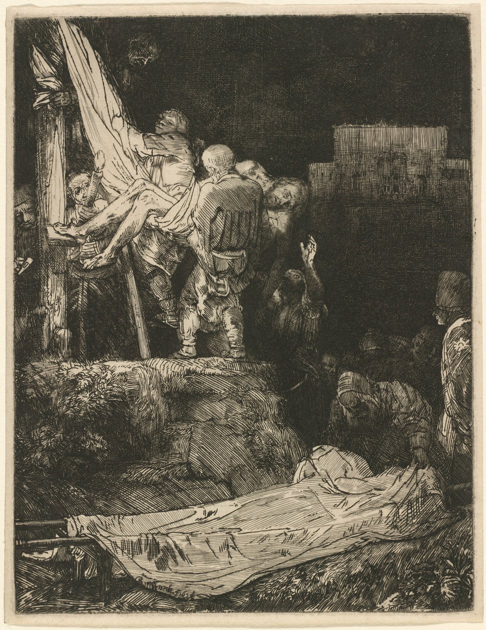 ”Nedtagningen från korset” i fackelljus av Rembrandt van Rijn