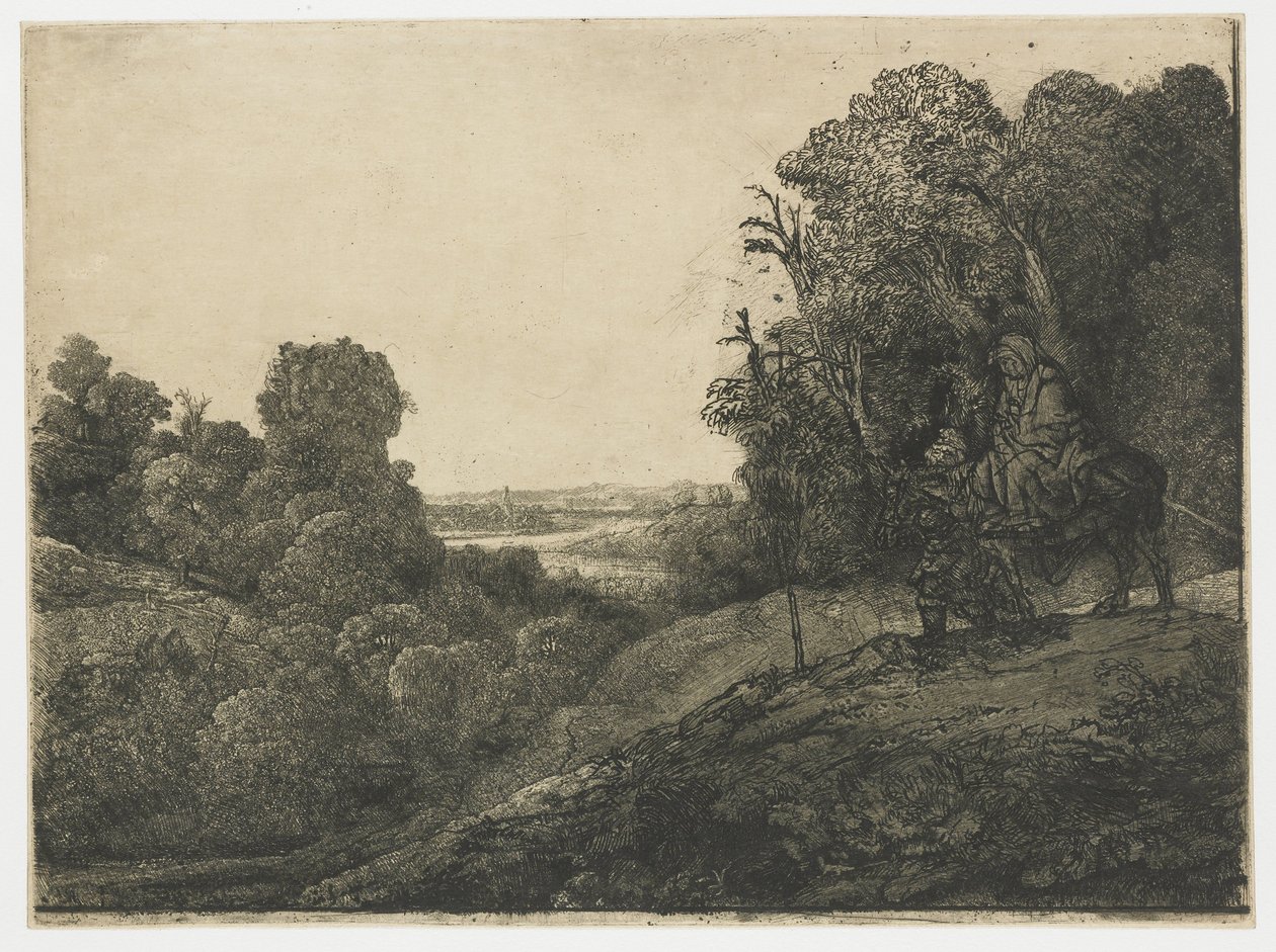 Flygningen till Egypten, på en tallrik av Segers Flygningen till Egypten: ändrad skylt från Seghers av Rembrandt van Rijn
