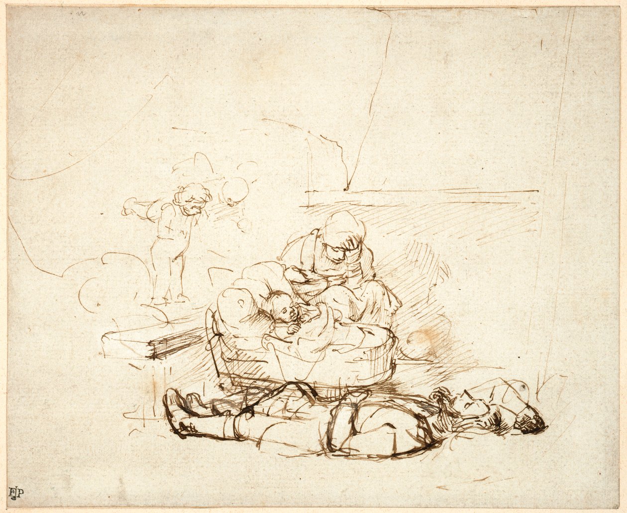 Den heliga familjen sovande med änglar, 1645 (penna och bläck med gouache på papper) av Rembrandt van Rijn