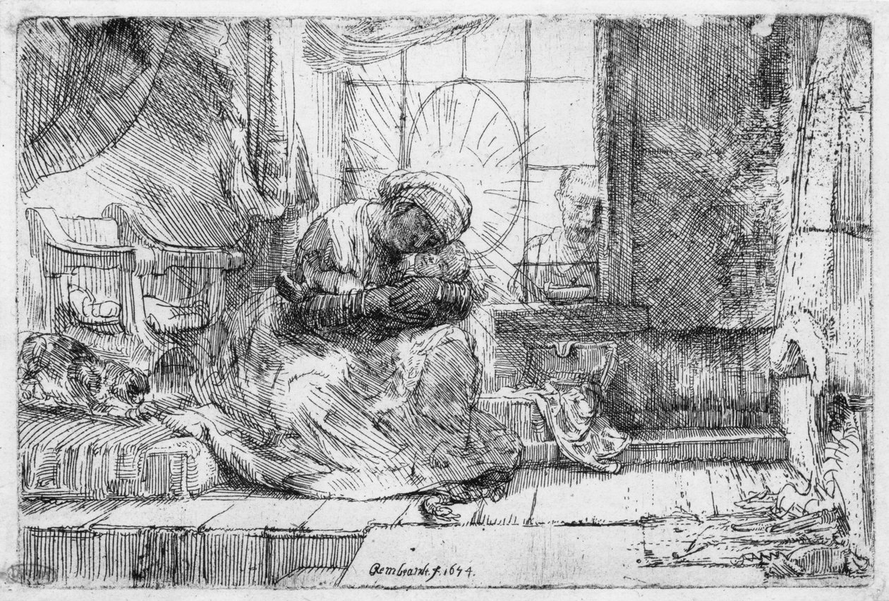 Den heliga familjen med en katt, 1654 av Rembrandt van Rijn