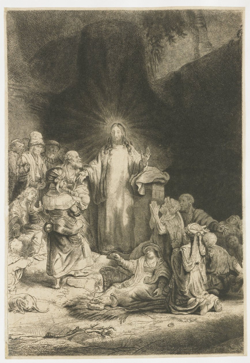 ”De hundra gulden-trycket”: det centrala motivet med Kristus som predikar av Rembrandt van Rijn