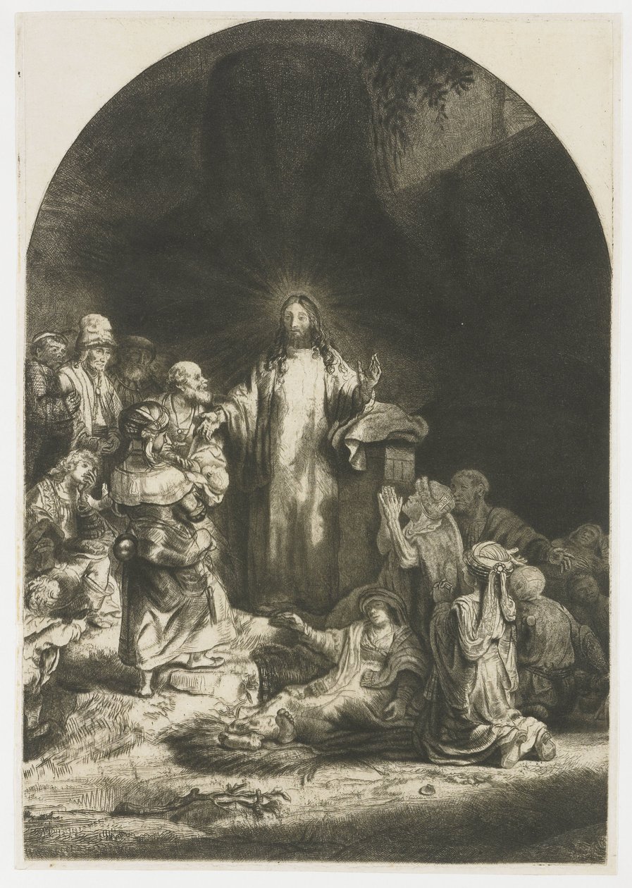 The Hundred Guilder Print: det centrala stycket med Kristus som predikar, plattan välvd av Rembrandt van Rijn