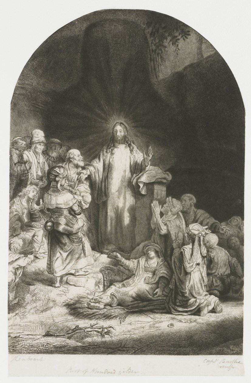 ”De hundra gulden-trycket”: det centrala motivet med Kristus som predikar, plåten är välvd av Rembrandt van Rijn