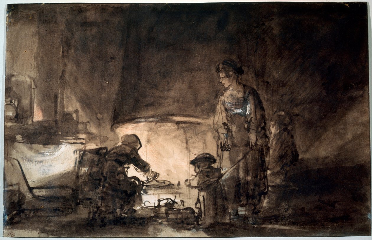 Köket i Rembrandts hus, 1650-talet. av Rembrandt van Rijn