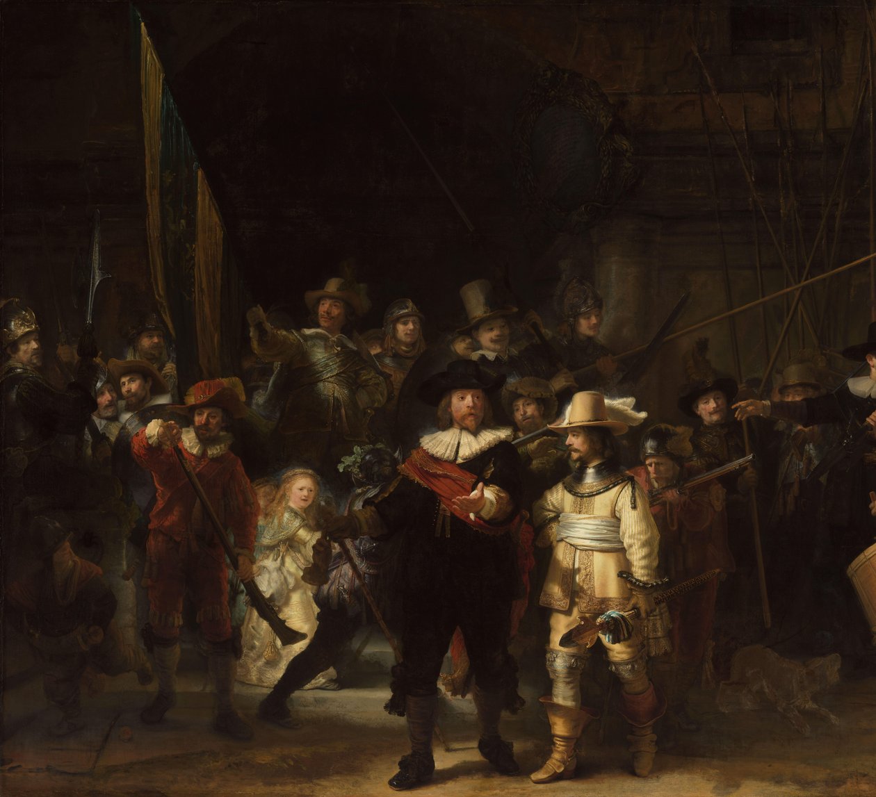 Nattvakten Officerare och andra medborgargardister från distrikt II i Amsterdam, under befäl av kapten Frans Banninck Cocq och löjtnant Willem van Ruytenburch, känd som "Nattvakten" av Rembrandt van Rijn