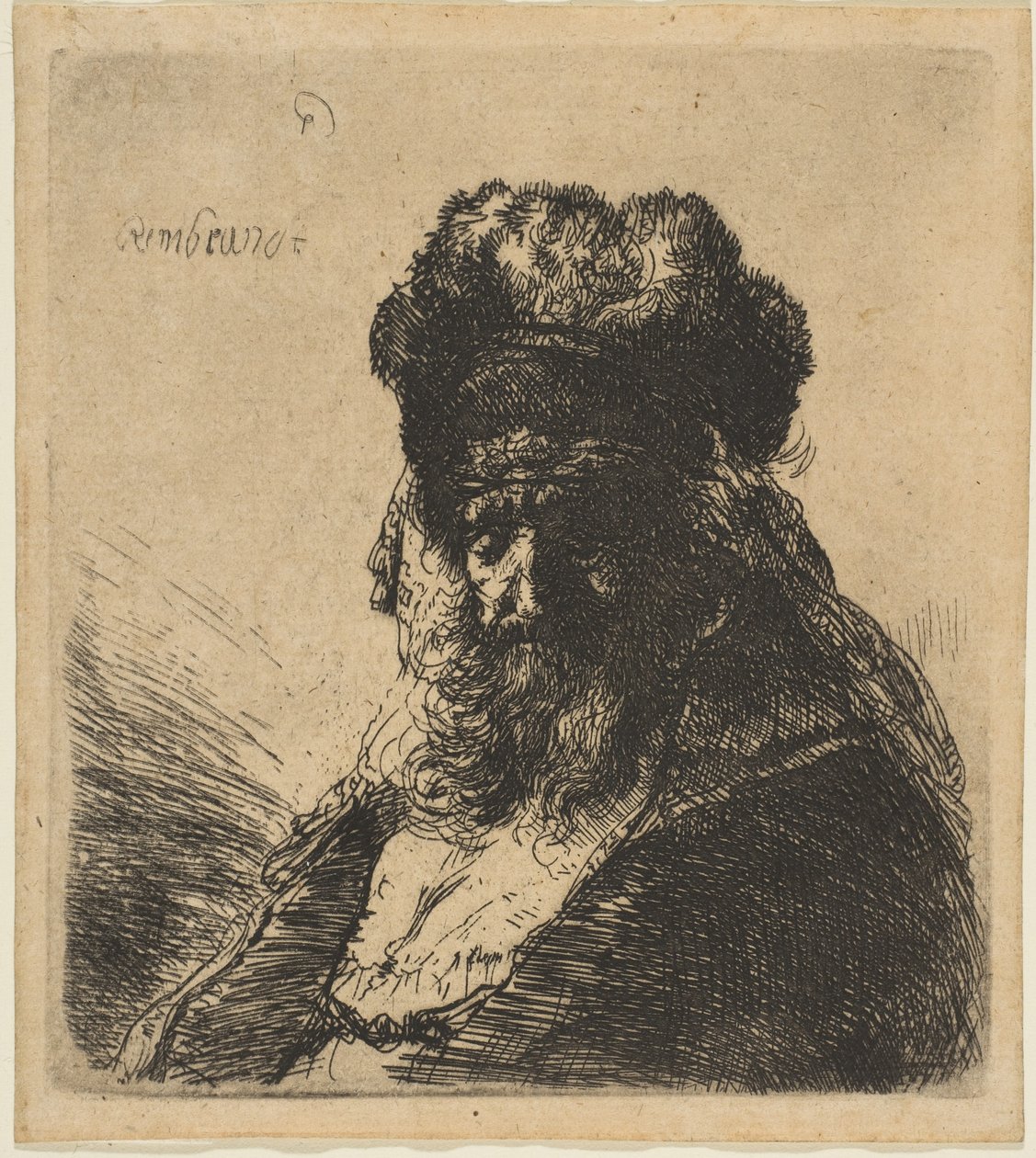 Den gamla skäggige mannen i en hög pälsmössa, med slutna ögon, ca. 1635. av Rembrandt van Rijn