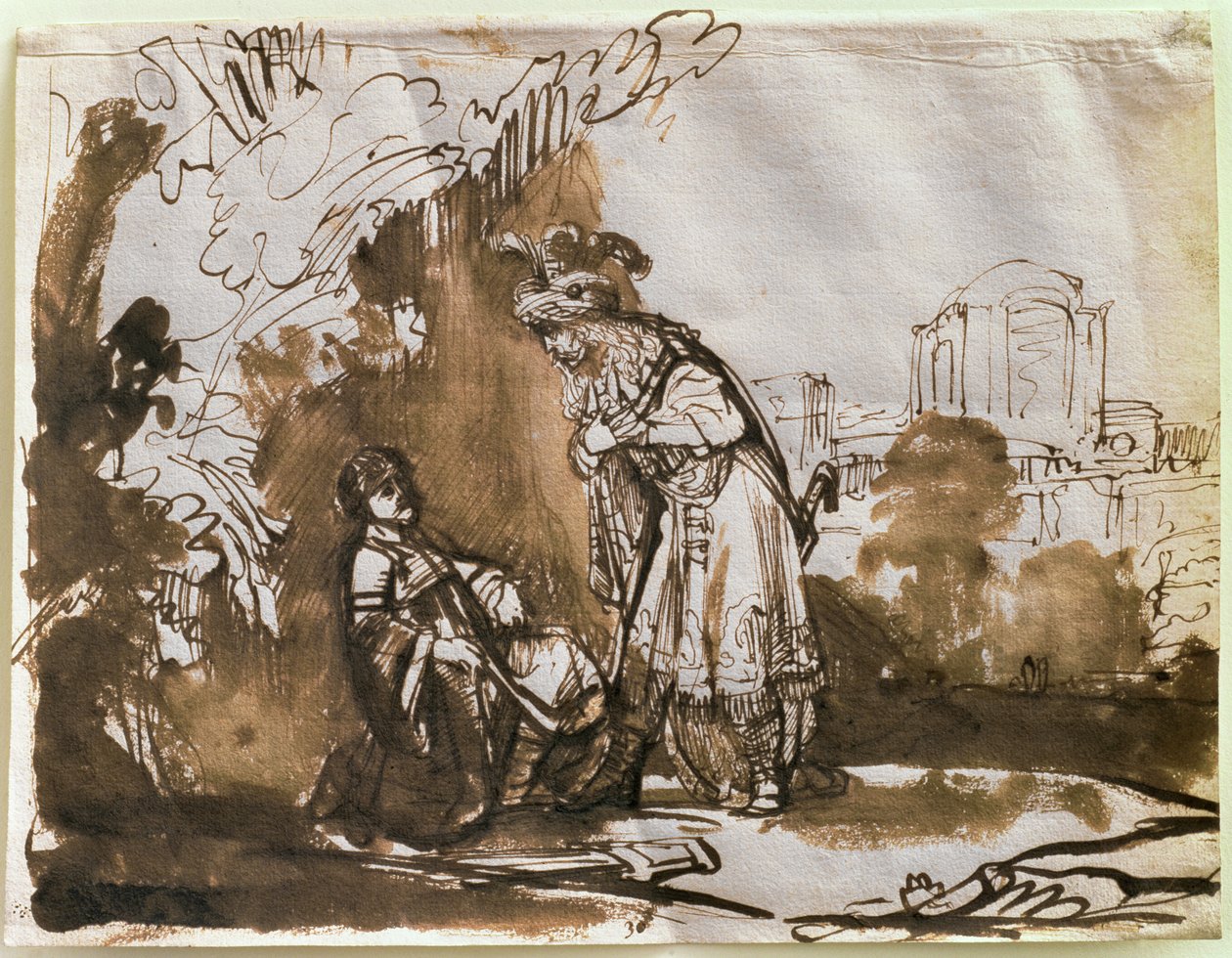 Avskedet mellan David och Jonathan (penna och tvätt på papper) av Rembrandt van Rijn