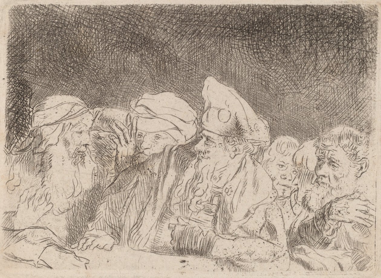 Fariséerna debatterar fragment från de hundra gulden trycket, ca. 1649. av Rembrandt van Rijn