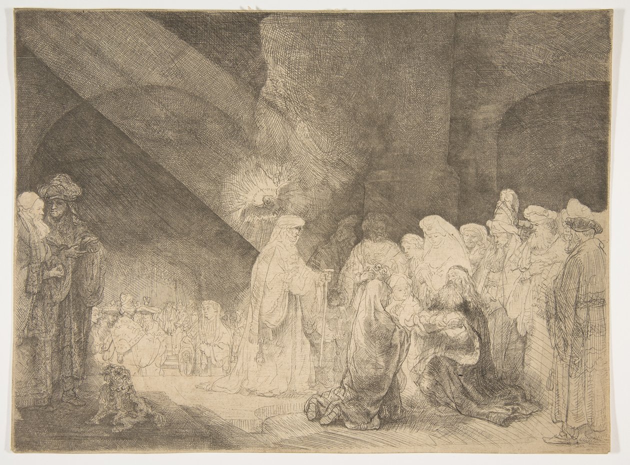 Presentationen i templet: Avlång tallrik. av Rembrandt van Rijn