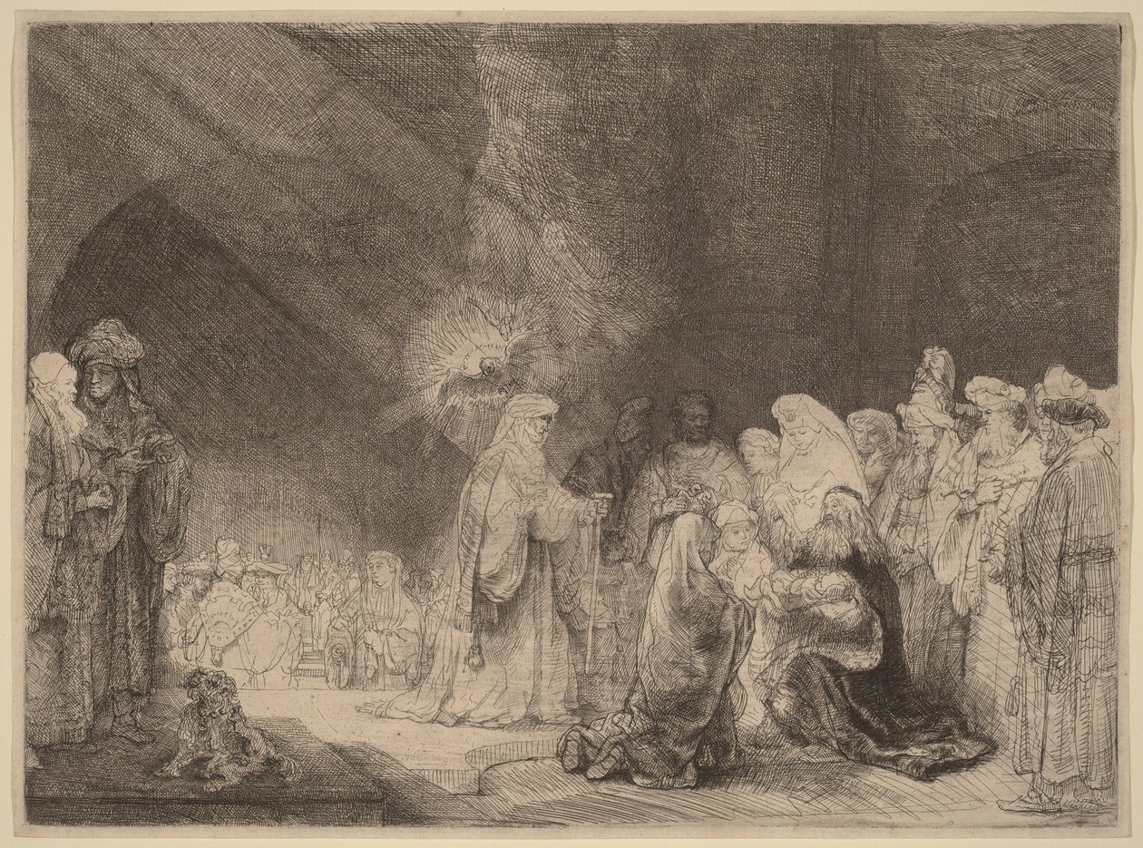Uppvisningen i templet: avlångt tryck av Rembrandt van Rijn