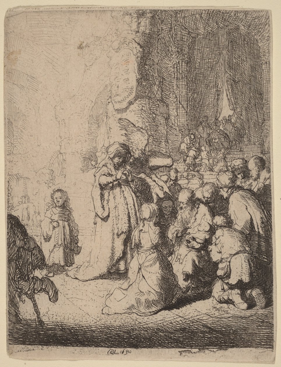 Uppvisningen i templet med ängeln: liten tavla av Rembrandt van Rijn