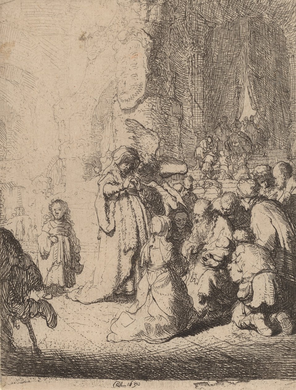 Presentationen i templet med ängeln: liten tallrik, 1630. av Rembrandt van Rijn