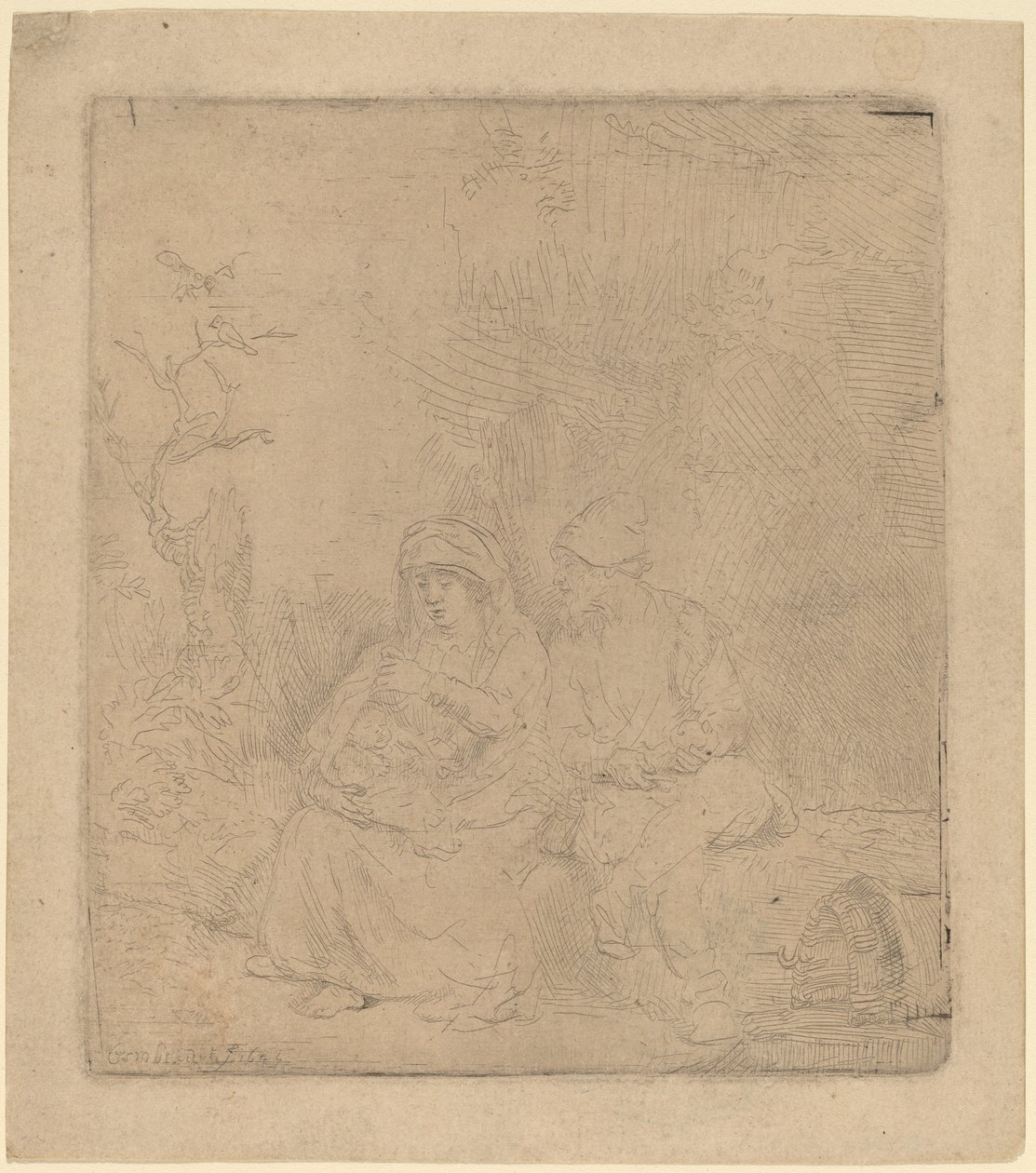 The Rest on the Flight: Lightly Etched, 1645. av Rembrandt van Rijn