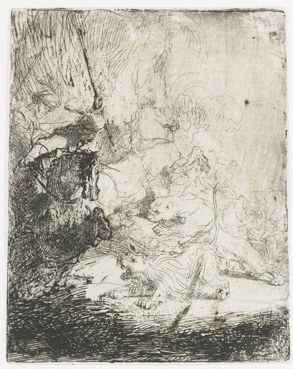 Den lilla lejonjakten, med två lejon av Rembrandt van Rijn