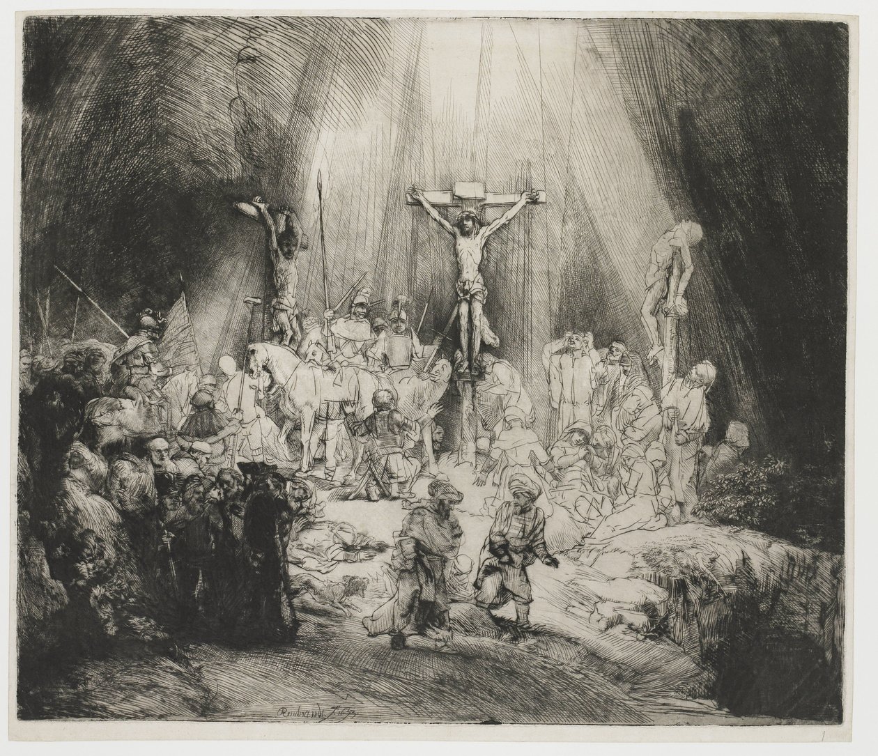 De tre korsen Kristus korsfäst mellan de två tjuvarna: "De tre korsen" av Rembrandt van Rijn