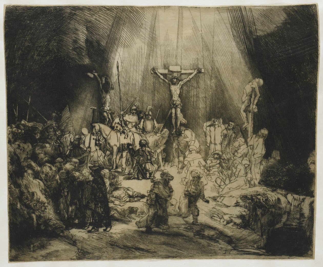 De tre korsen Kristus korsfäst mellan de två tjuvarna: "De tre korsen" av Rembrandt van Rijn