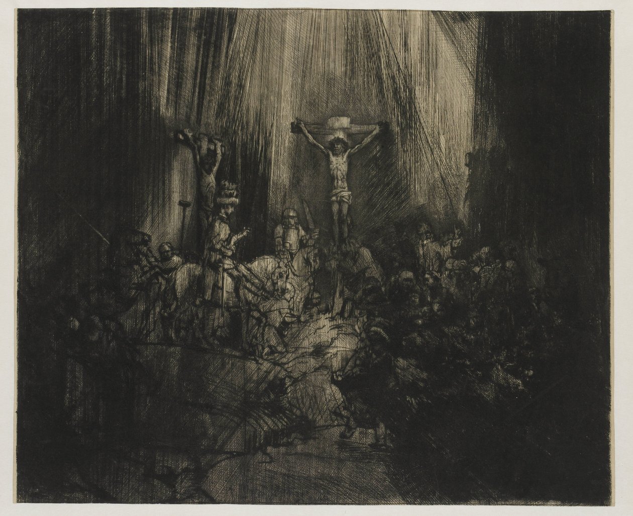 De tre korsen Kristus korsfäst mellan de två tjuvarna: "De tre korsen" av Rembrandt van Rijn
