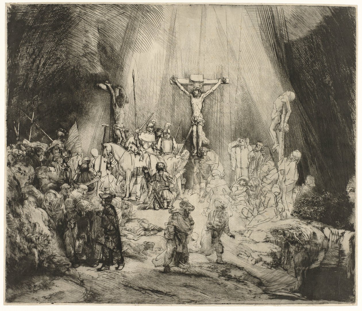 De tre korsen Kristus korsfäst mellan de två tjuvarna: "De tre korsen" av Rembrandt van Rijn