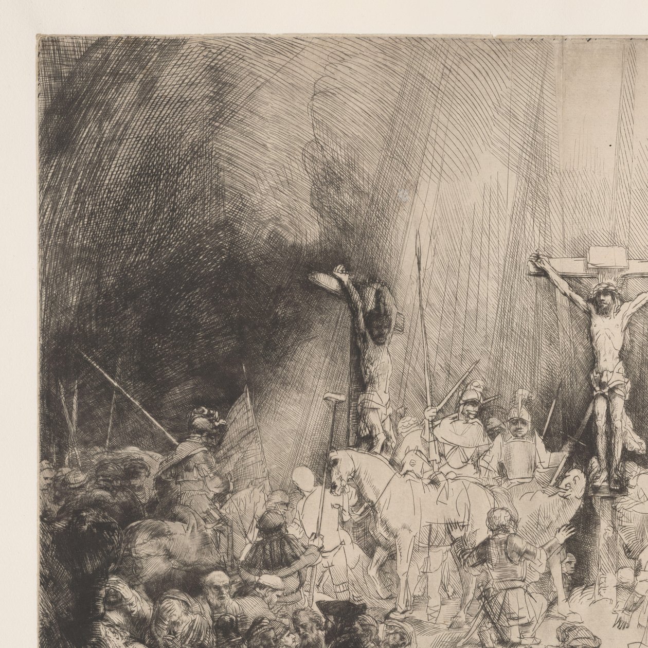 De tre korsen Kristus korsfäst mellan de två tjuvarna: "De tre korsen" av Rembrandt van Rijn