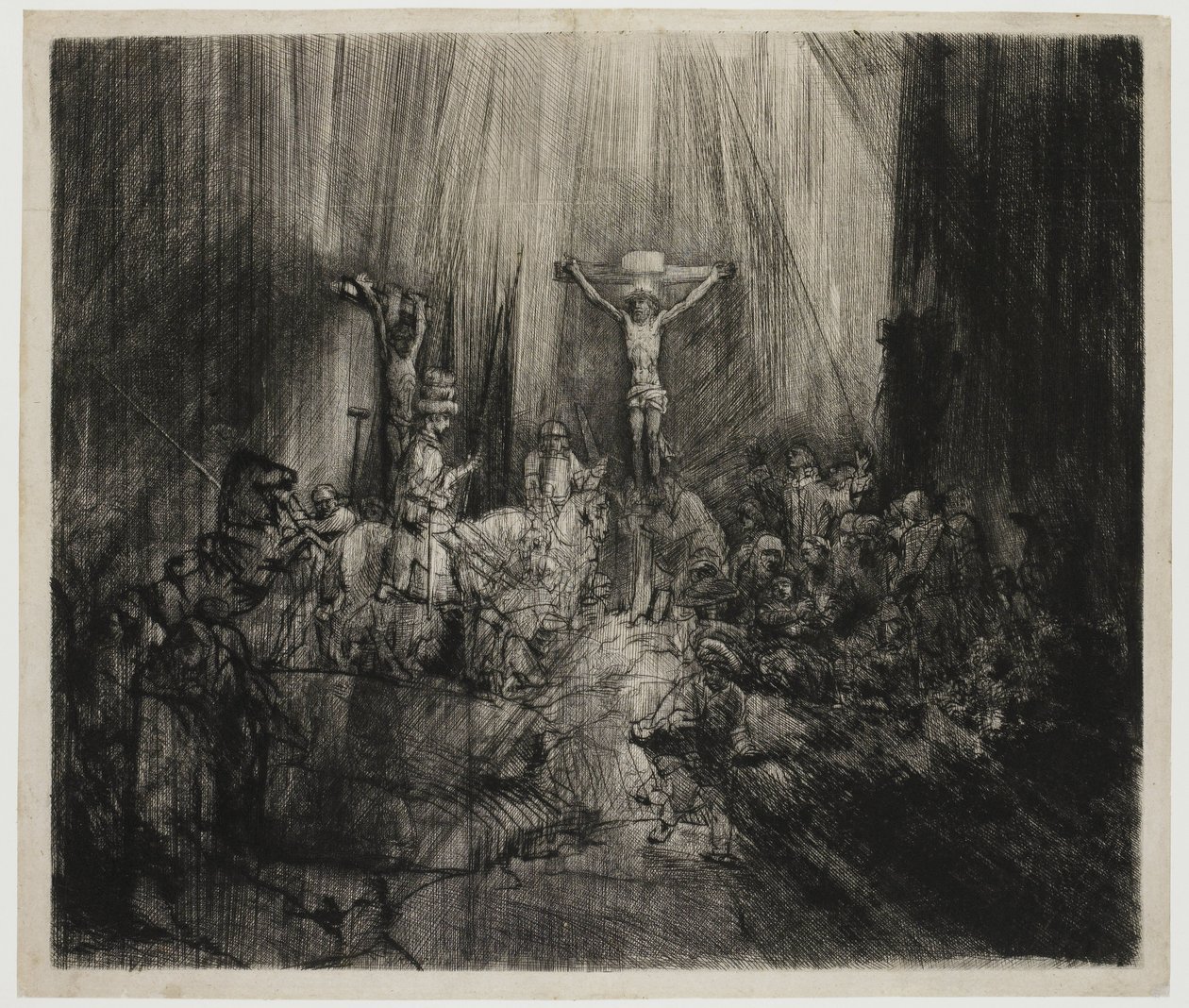 De tre korsen Kristus korsfäst mellan de två tjuvarna: "De tre korsen" av Rembrandt van Rijn