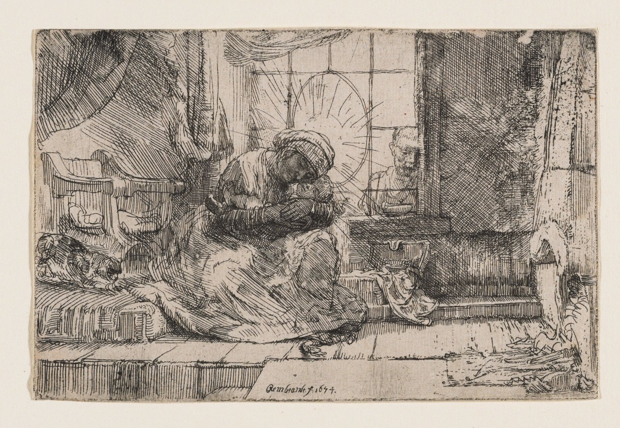 Jungfru Maria med barnet, en katt och en orm av Rembrandt van Rijn