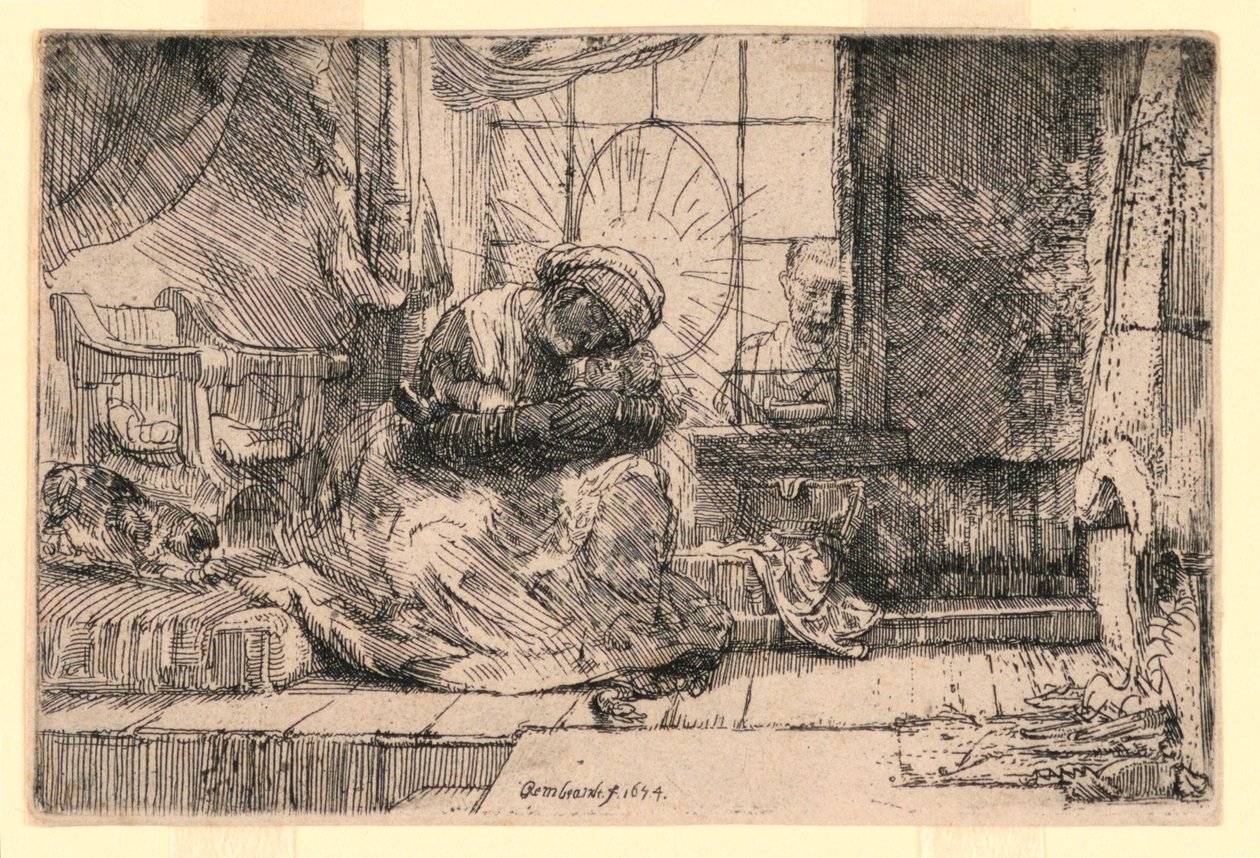 Jungfrun och barnet med katten och Josef vid fönstret av Rembrandt van Rijn