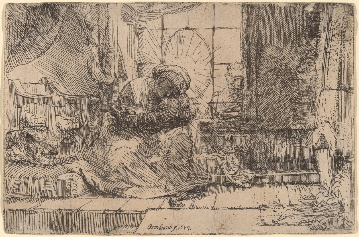 Jungfrun och barnet med katten och ormen av Rembrandt van Rijn