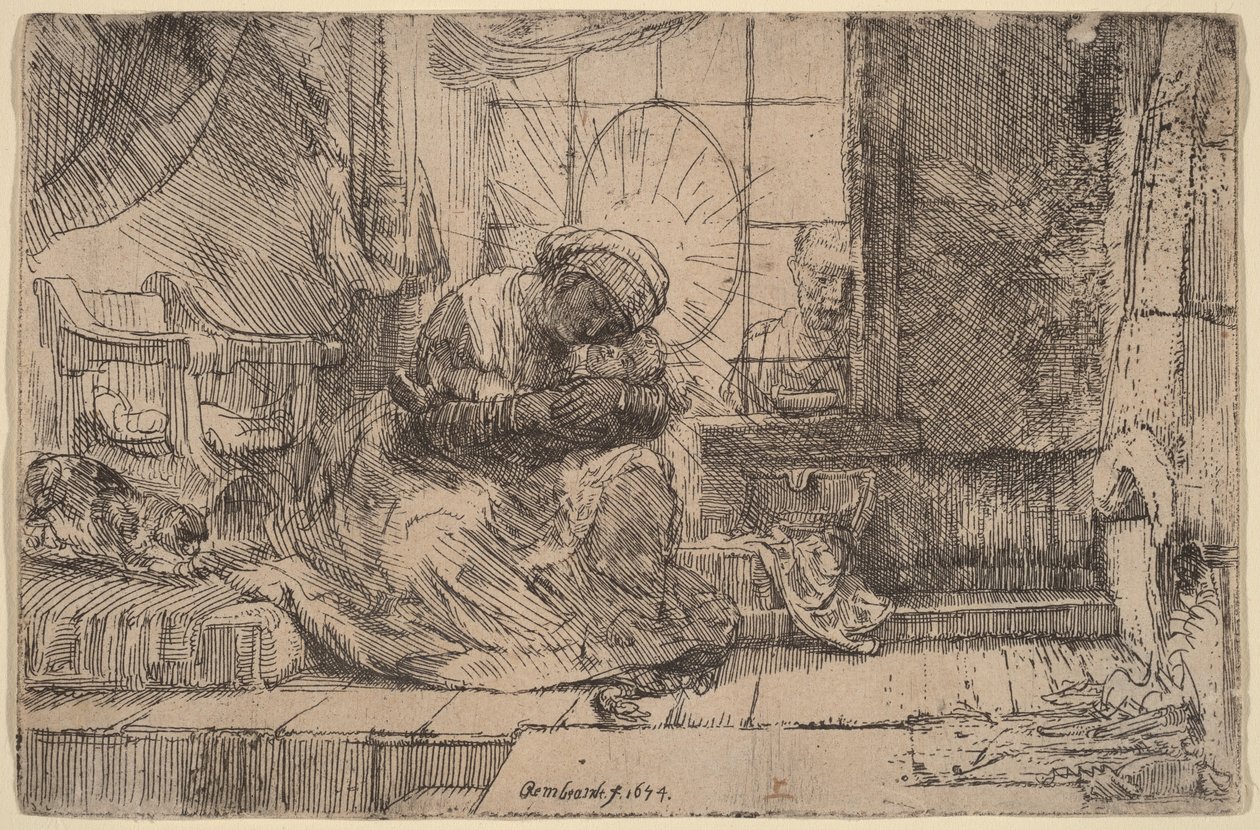 Jungfru Maria med barnet, katten och ormen av Rembrandt van Rijn