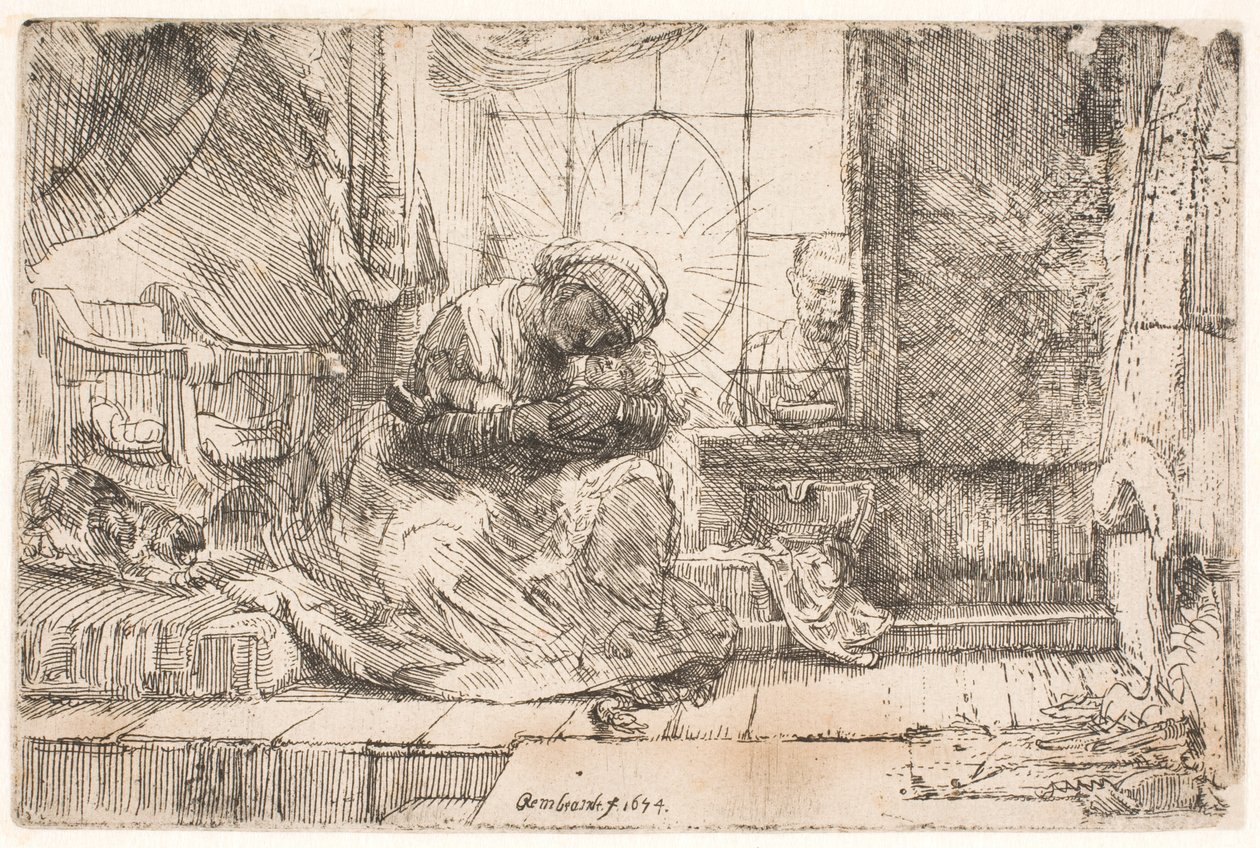 Jungfru Maria och barnet med katten: och Josef vid fönstret av Rembrandt van Rijn
