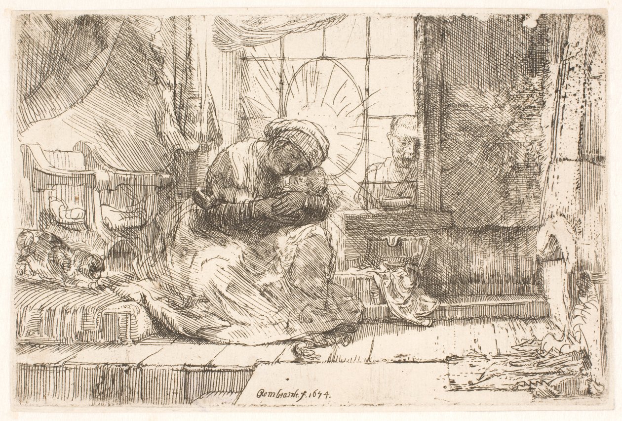 Jungfru Maria och barnet med katten: och Josef vid fönstret av Rembrandt van Rijn