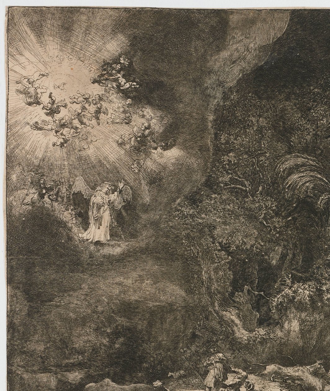 Ängeln visar sig för herdarna av Rembrandt van Rijn