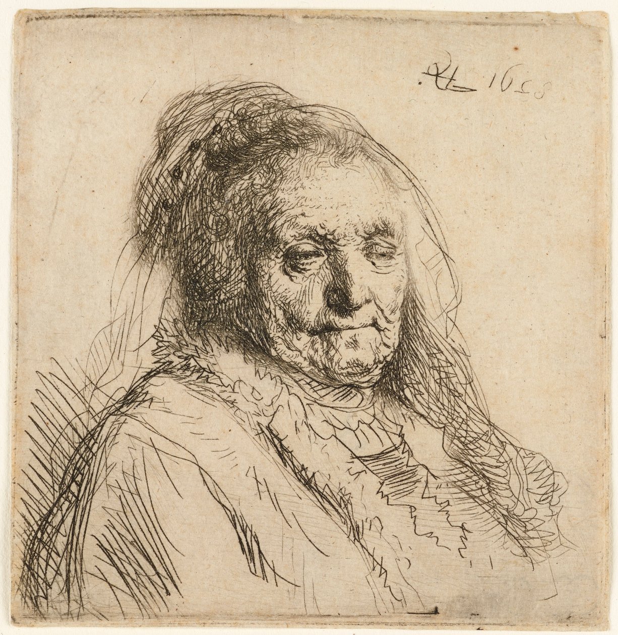 Konstnärens mor, huvud och byst, 1628. av Rembrandt van Rijn