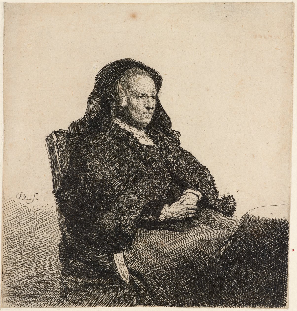 Konstnärens mor sittande vid ett bord, ca 1631. av Rembrandt van Rijn