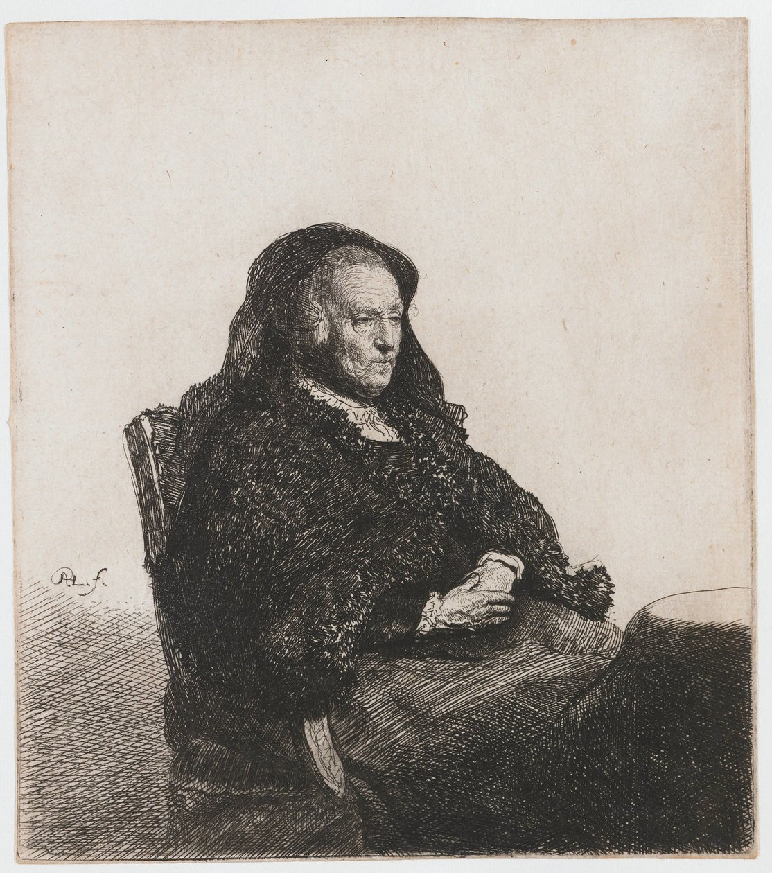 Konstnärens mamma satt vid ett bord, tittar åt höger: tre fjärdedels längd av Rembrandt van Rijn
