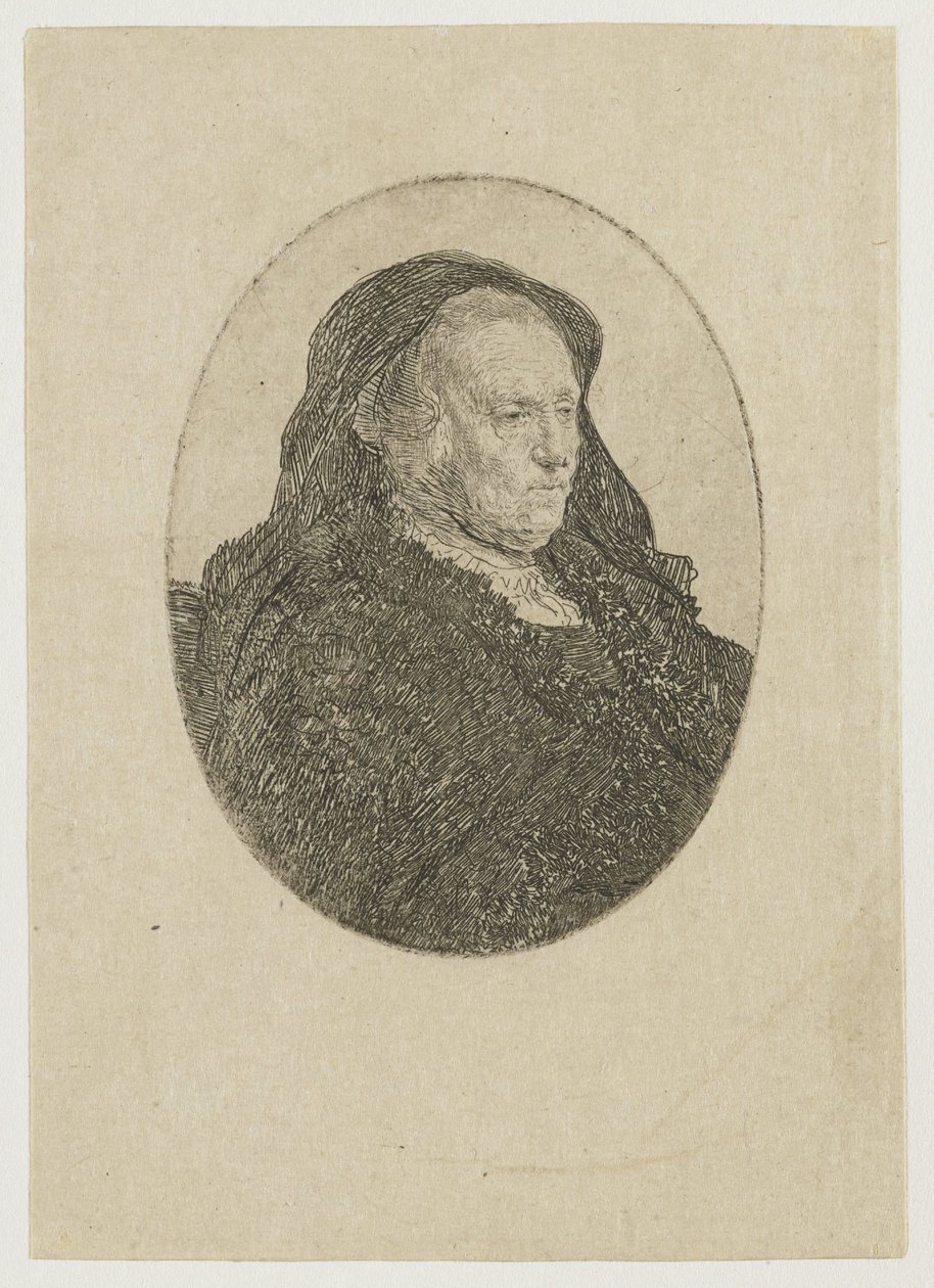 Konstnärens mor sitter vid ett bord och blickar åt höger: trekvartsprofil av Rembrandt van Rijn