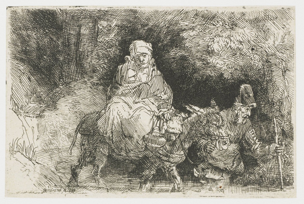 Flygningen till Egypten korsar en bäck av Rembrandt van Rijn