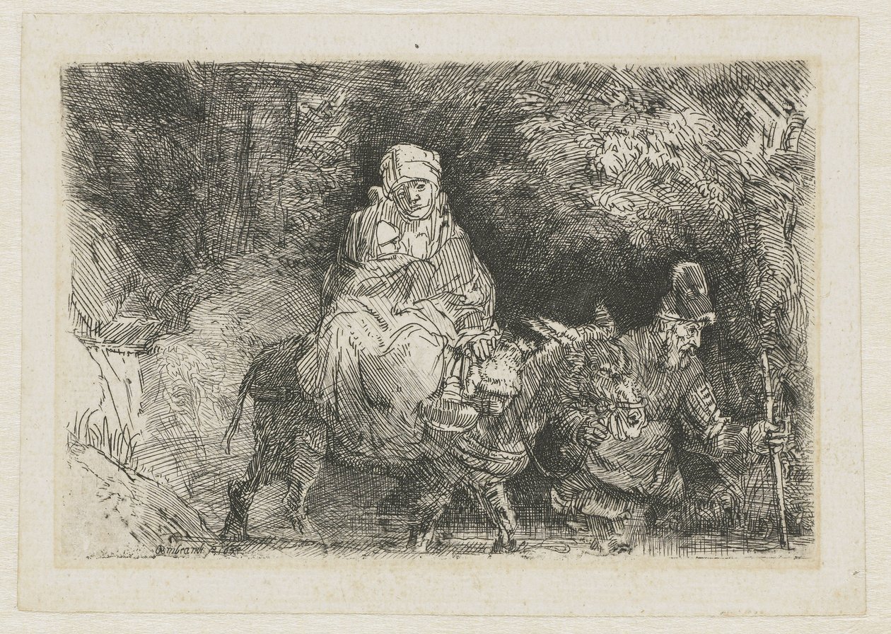 Flygningen till Egypten korsar en bäck av Rembrandt van Rijn