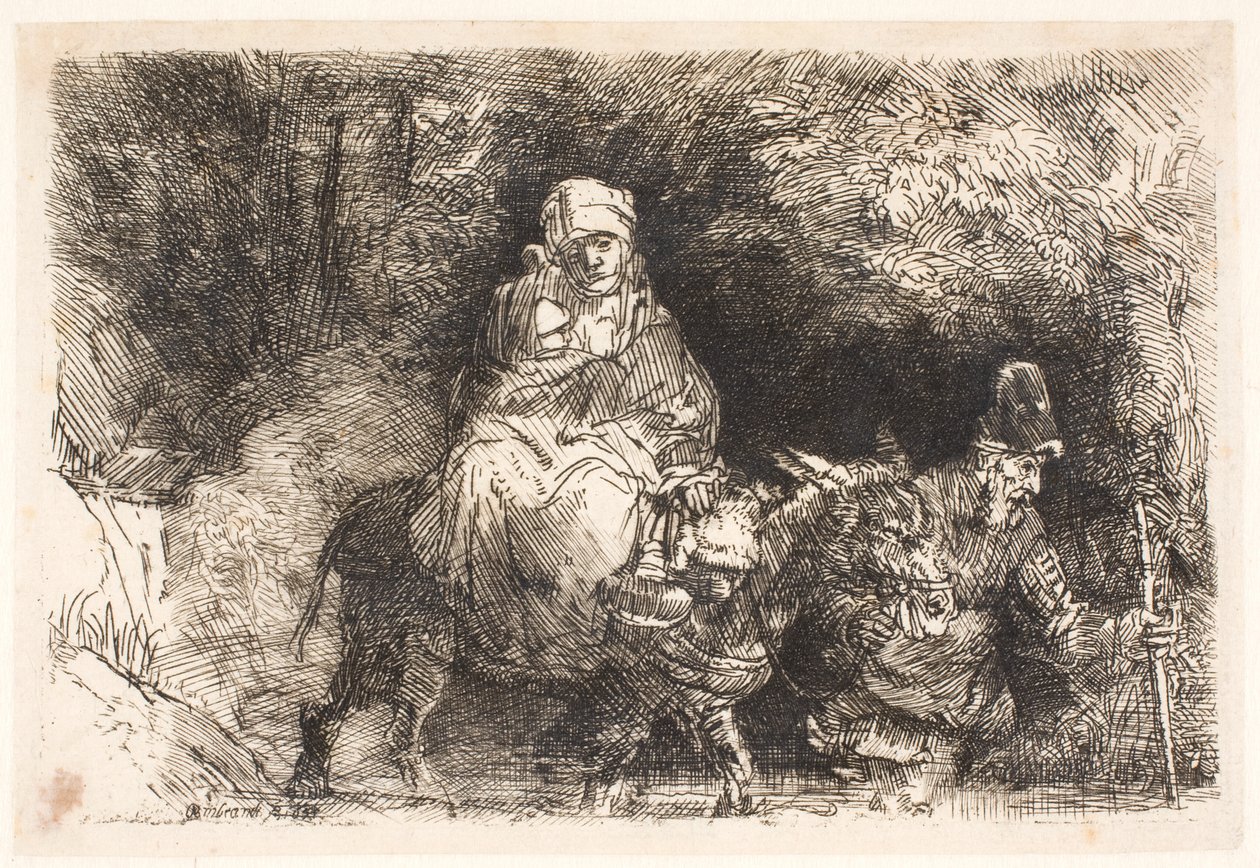 Flykten till Egypten: Den heliga familjen passerar en bäck av Rembrandt van Rijn
