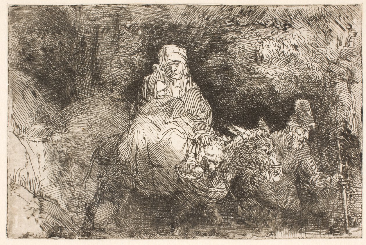 Flykten till Egypten: Den heliga familjen passerar en bäck av Rembrandt van Rijn