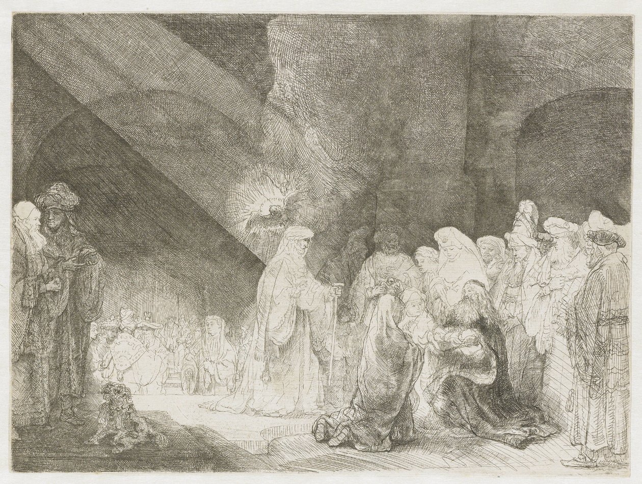 Uppvisningen i templet: avlångt tryck av Rembrandt van Rijn