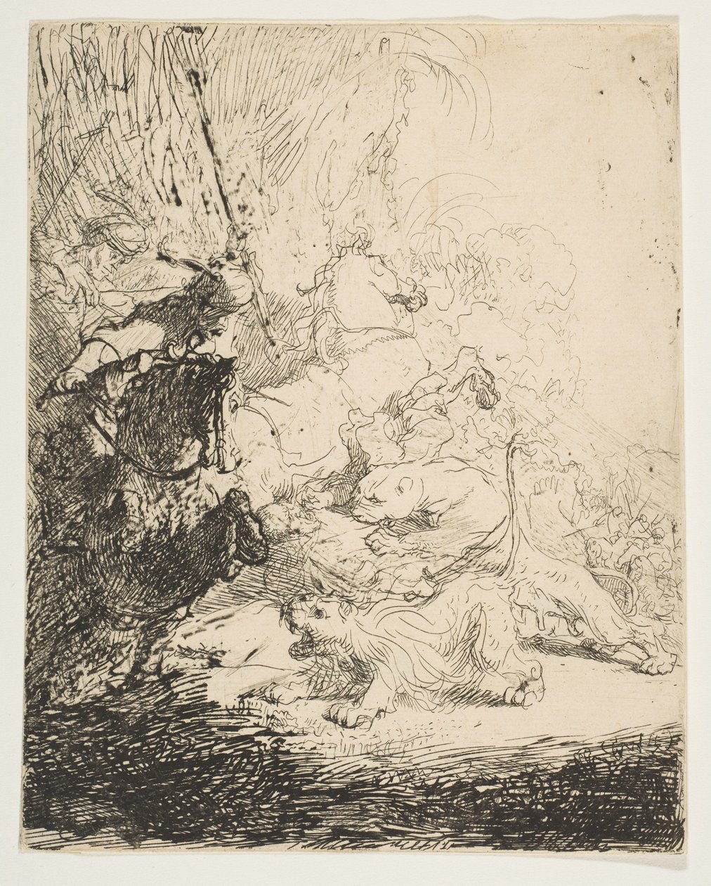 Smålejonjakten, med två lejon, ca. 1632. av Rembrandt van Rijn